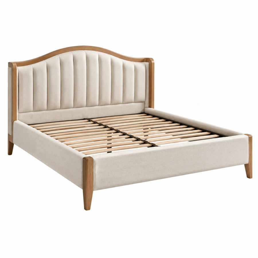 Letto matrimoniale 160 x 200 cm in tessuto avorio e legno con rete a doghe stile classico