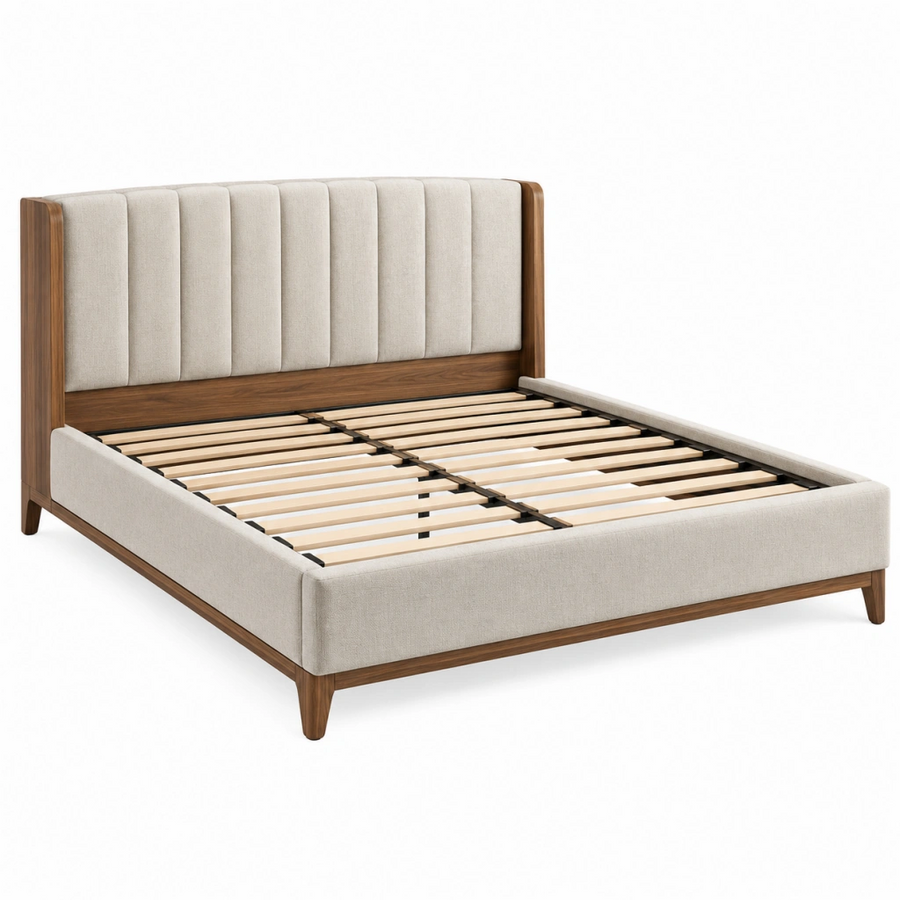 Letto matrimoniale 160 x 200 cm in legno e tessuto beige con rete a doghe - stile moderno
