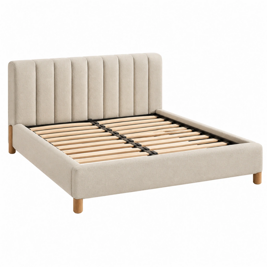 Letto matrimoniale 160 x 200 cm in tessuto beige con rete a doghe e testiera imbottita