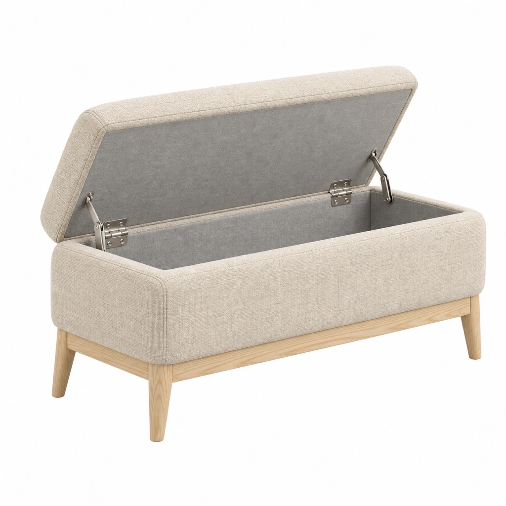 Panca contenitore 100 x 40 x 45 cm in tessuto beige con gambe in legno stile moderno