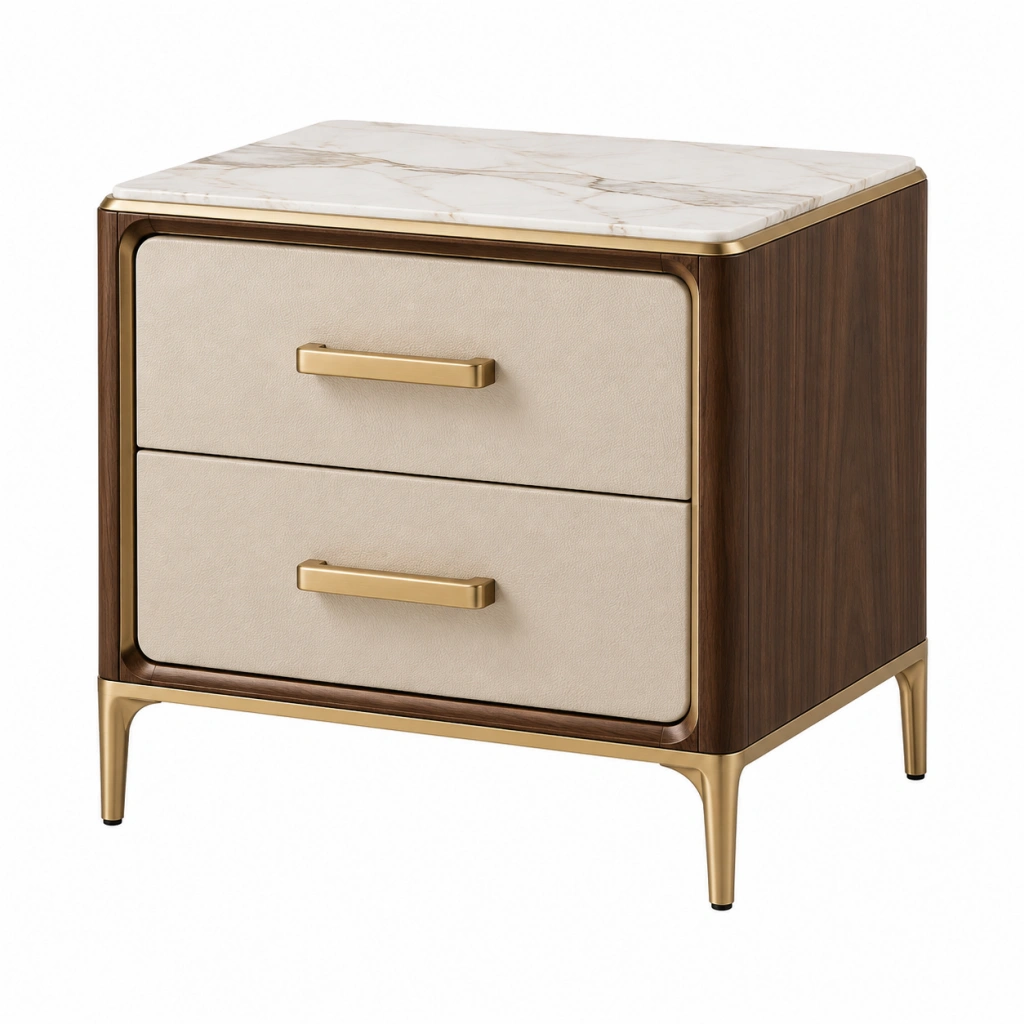 Comodino 60 x 45 x 60 cm in legno noce e similpelle beige con piano effetto marmo