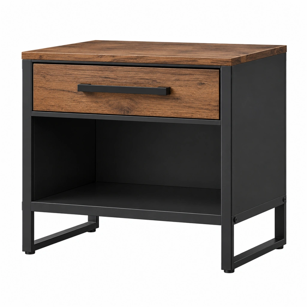 Comodino 50 x 40 x 55 cm in legno marrone e metallo nero con cassetto e vano aperto stile industriale