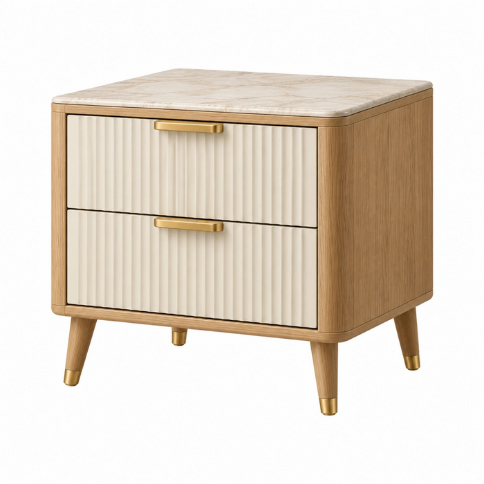 Comodino 60 x 45 x 60 cm in legno beige con piano effetto marmo e 2 cassetti stile moderno