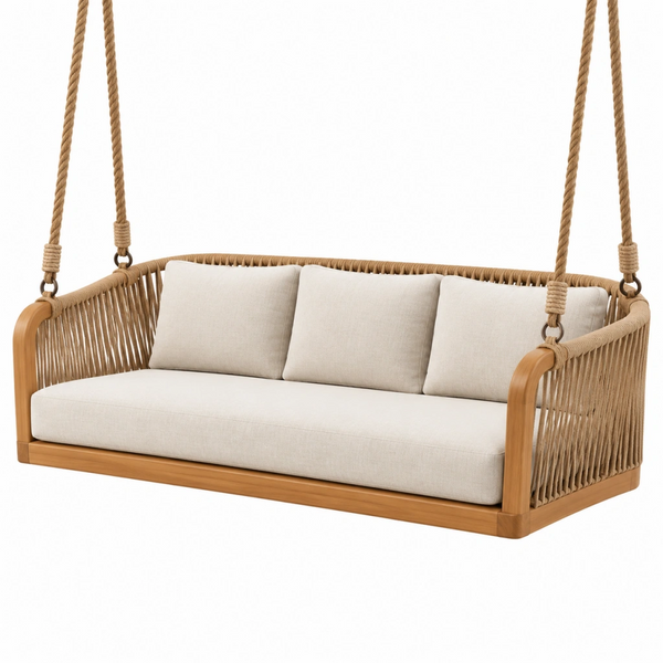 Dondolo sospeso 180 x 80 x 170 cm in legno e corda beige naturale per esterno