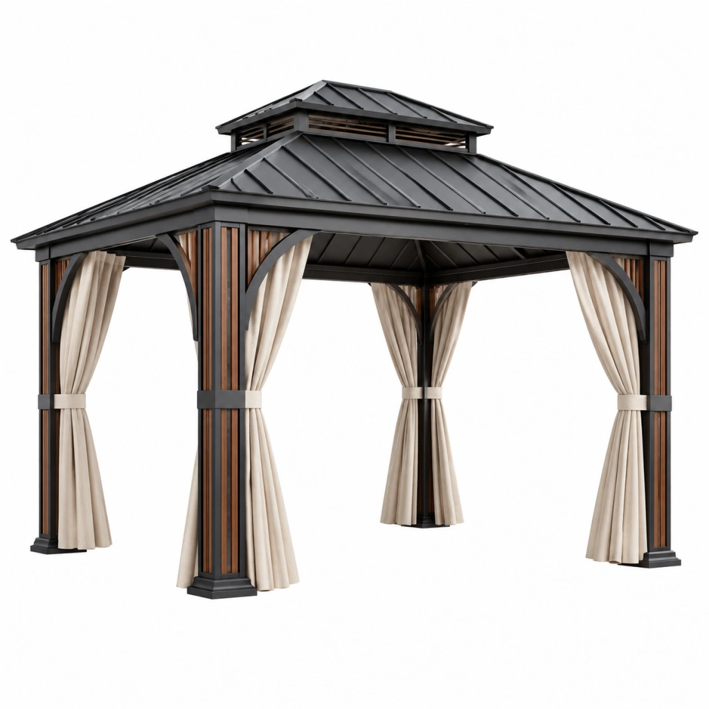 Gazebo da giardino 300 x 300 x 300 cm in metallo nero e legno con tende stile moderno