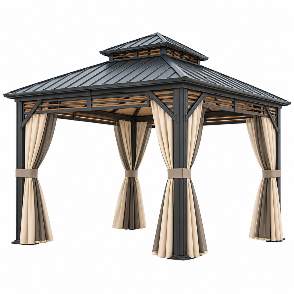Gazebo da giardino 300 x 300 x 300 cm in metallo nero con tende beige - copertura a padiglione