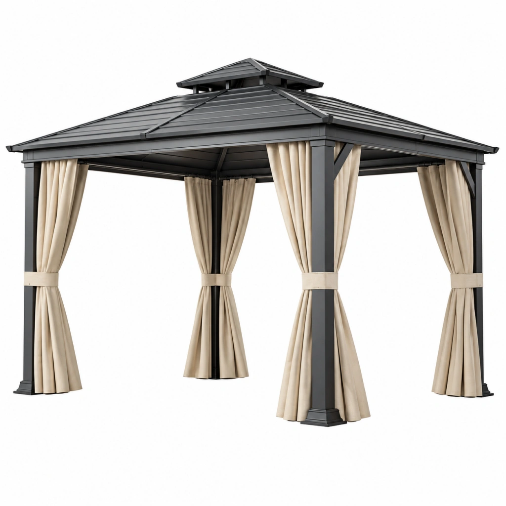 Gazebo da giardino 300 x 300 x 300 cm in metallo nero con tende beige - struttura con tetto rigido