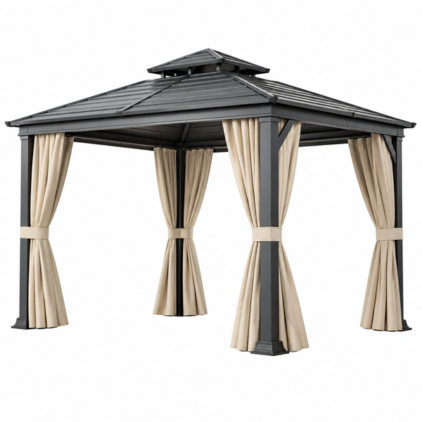 Gazebo da giardino 300 x 300 x 300 cm in metallo nero con tende beige - struttura con tetto rigido