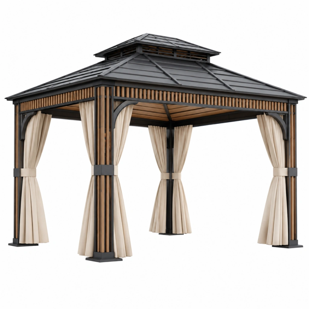 Gazebo da giardino 300 x 300 x 300 cm in metallo nero con tende beige stile moderno
