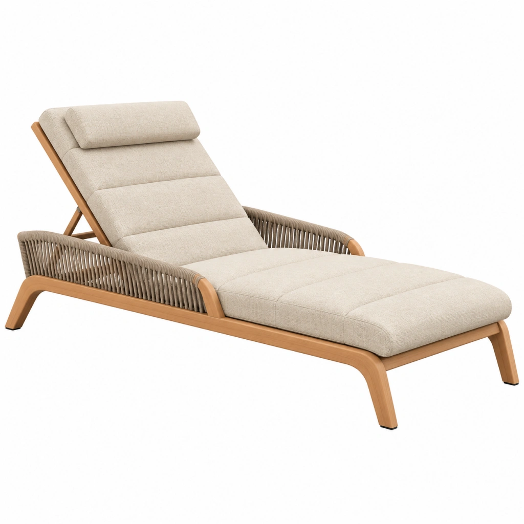 Lettino prendisole 200 x 75 cm in legno e corda beige - schienale regolabile da esterno
