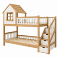 Letto a castello 90 x 200 cm in legno naturale e bianco con scala contenitore stile casetta