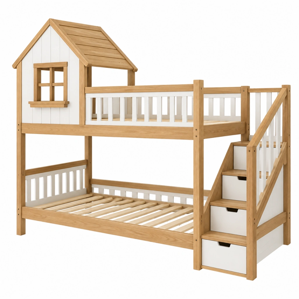 Letto a castello 90 x 200 cm in legno naturale e bianco con scala contenitore stile casetta