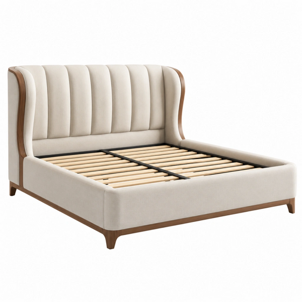 Letto matrimoniale 160 x 200 cm imbottito in tessuto beige con struttura in legno e rete a doghe