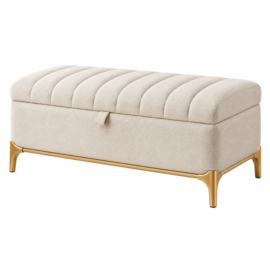 Panca contenitore 120 cm in tessuto beige con gambe in metallo dorato stile moderno