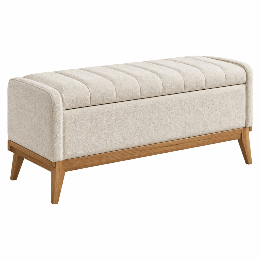 Panca contenitore 120 x 45 x 50 cm in tessuto beige con struttura in legno stile moderno