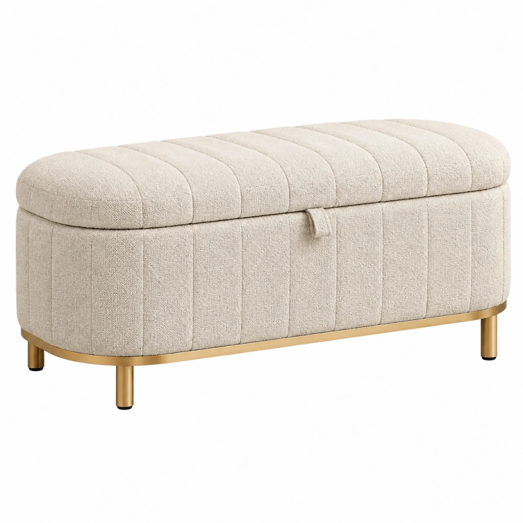 Panca contenitore 100 x 40 x 48 cm in tessuto bouclé beige con base dorata