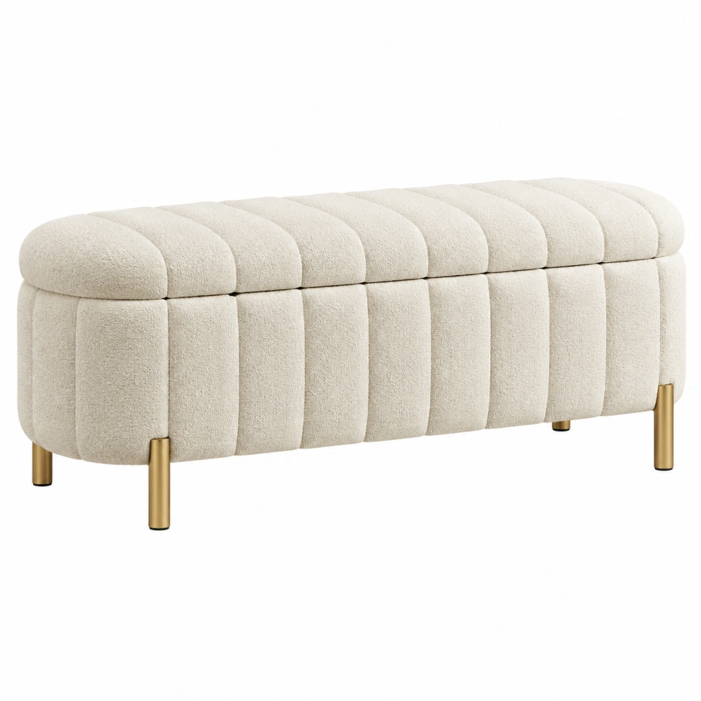 Panca contenitore 120 x 45 x 48 cm in tessuto bouclé avorio con gambe metalliche dorate - stile moderno