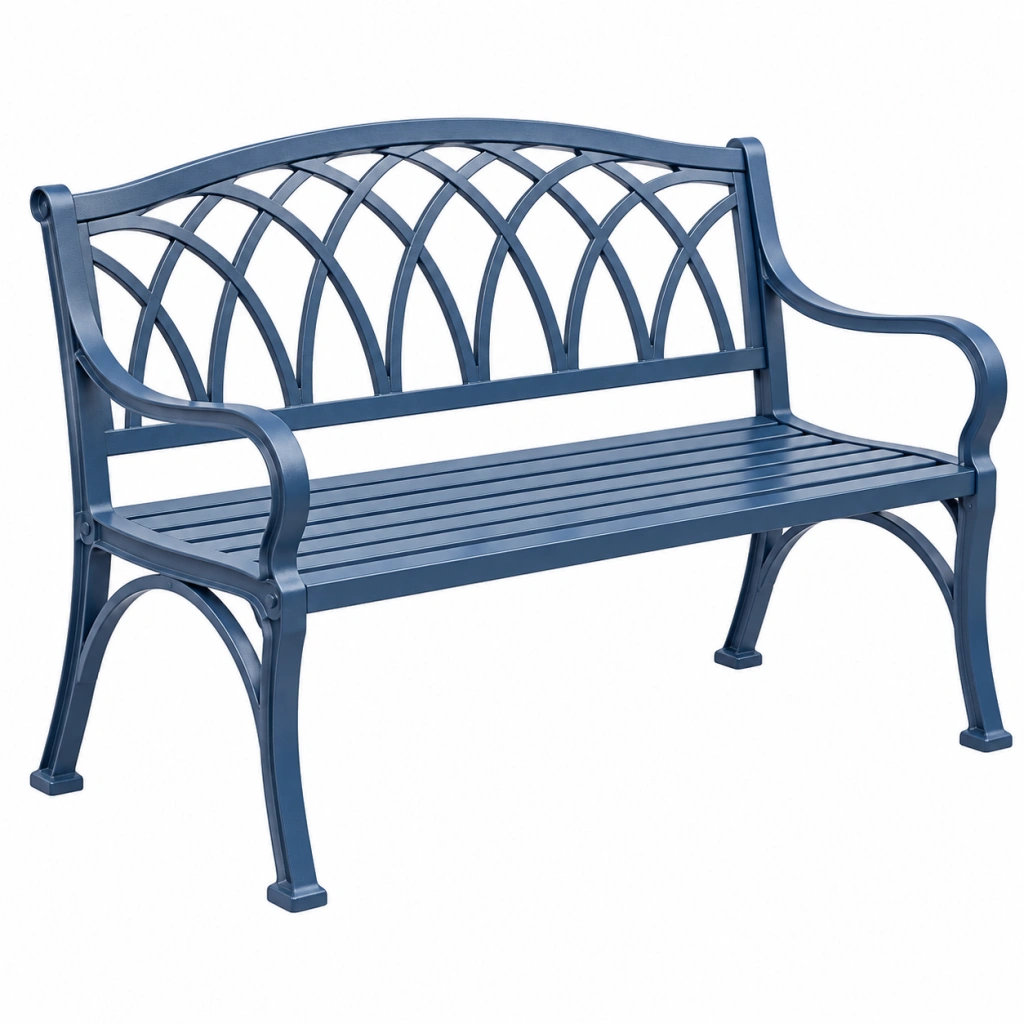 Panchina da giardino 120 x 60 x 90 cm in metallo blu con schienale decorativo