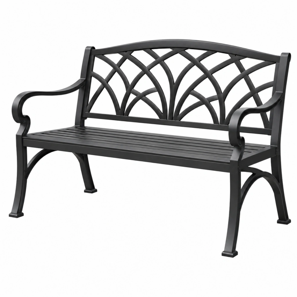 Panca da giardino 122 x 61 x 87 cm in metallo nero con schienale decorativo