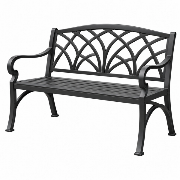 Panca da giardino 122 x 61 x 87 cm in metallo nero con schienale decorativo