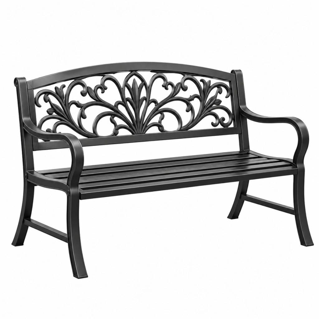Panca da giardino 122 x 61 x 90 cm in metallo nero con schienale floreale